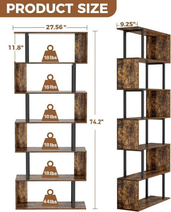 6 Tier Geometric Bookcase,S Shaped Bookshelf, Wood Decorative Storage Shelving, Modern Freestanding Display Shelves, Tall Book Shelf Unit for Living Room Bedroom, Rustic Brown