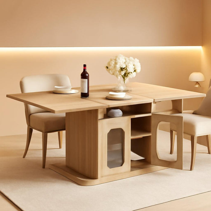 Dining Table for 4–6, 63 Inch Wood Farmhouse Kitchen Table with 3-Tier Storage Shelf and Acrylic Door Cabinet, Rectangular Modern Dining Room Dinner Table for Apartment Home Small Space, Light Oak