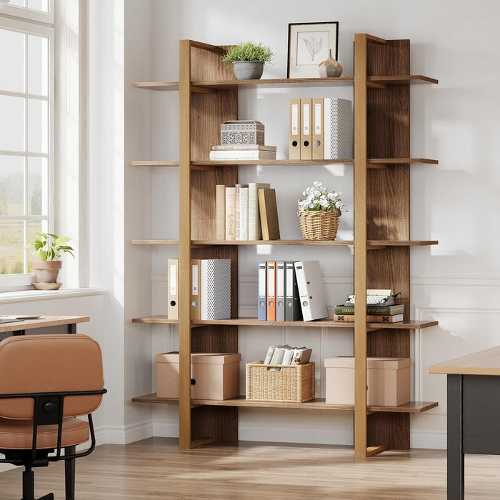 Five Tiered Bookshelf Metal Frame Beige Oakwoodfinish