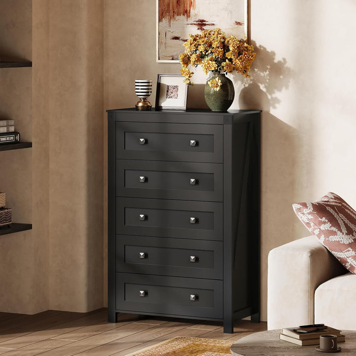 Farmhouse 5 Drawer Dresser for Bedroom, Wood Dresser Storage Organizer, Tall Black Dressers with Double Rustic Handle, Chest of Drawers for Living Room, Hallway, Closet