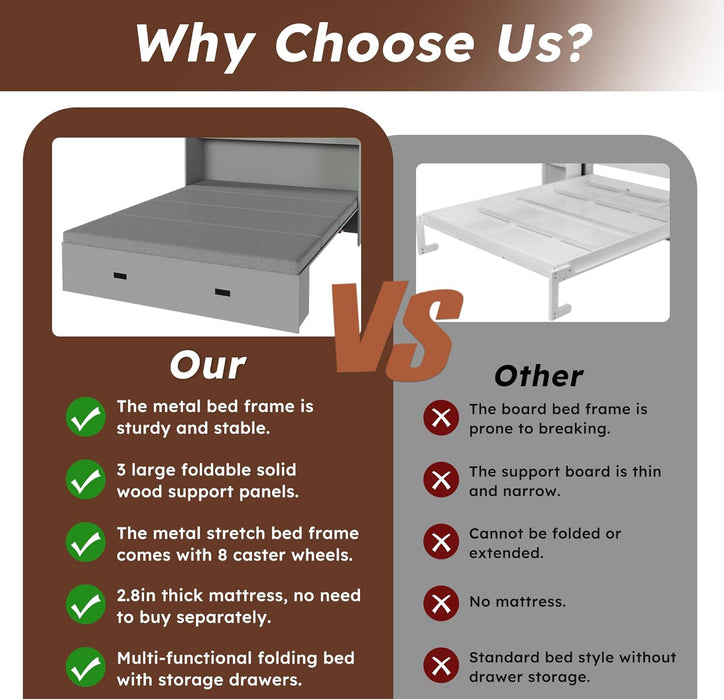 57" Full Murphy Bed W/Charging Station, Mattress & Drawers, Wall Cabinets Murphy Storage Bed W/Foldable Panels & Swivel Wheels for Bedroom/Guest Room/Living Room