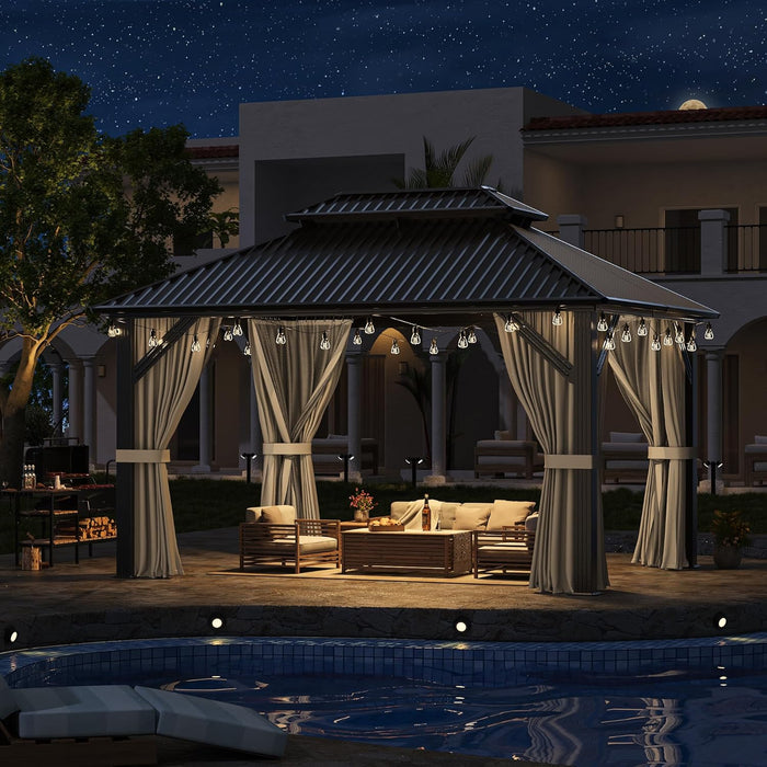 10'X12' Gazebo Hardtop Gazebo, Aluminum Frame Pergola with Double Galvanized Steel Roof, Permanent Outdoor Metal Canopy with Curtain & Netting for Patio, Backyard, Deck, Dark Grey
