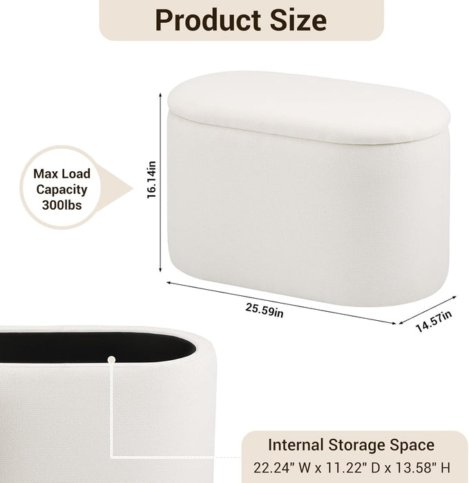 Oval Ottoman with Storage for Living Room, Modern Linen Fabric Foot Stools Ottoman, Upholstered Vanity Stool Foot Rest, Small White Storage Bench for Bedroom, Entryway, Dorm