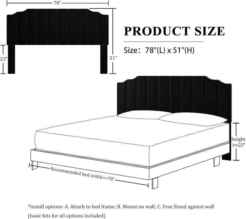 King Size Headboard Only, Velvet Wall Mounted Headboard King/California for Adjustable Bed Modern Upholstered Head Board Easy Assembly, Black