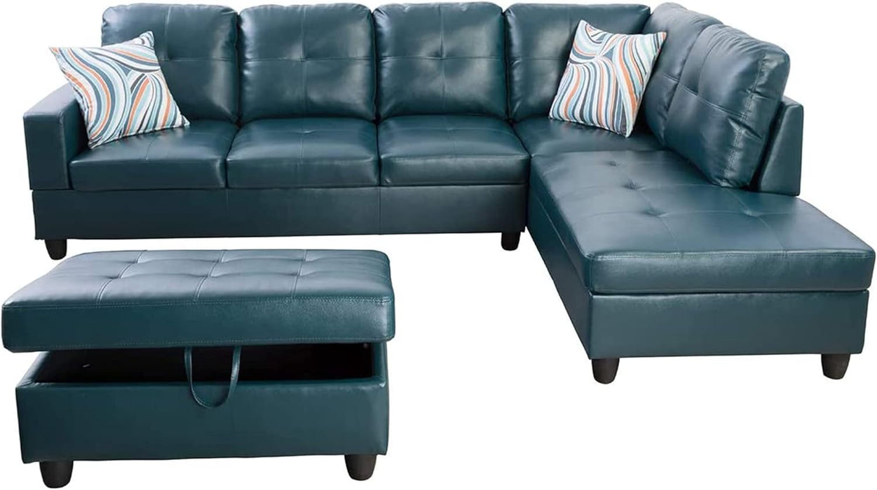 Sectional Sofa Faux Leather Modern L Shaped Couch Set 103.5”Wide Including Chaise and 3 Seating Sofa with Storage Ottoman for Living Room Furniture (Right Hand Facing, A-Denim)