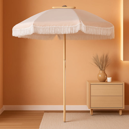 Boho Patio Umbrella, 6FT Beach Umbrella with Fringe, Wooden Pole