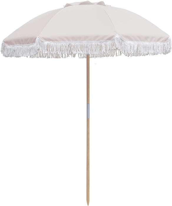 Boho Patio Umbrella, 6FT Beach Umbrella with Fringe, Wooden Pole