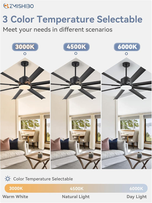 72 Inch Aluminium Blade Ceiling Fans with Lights and Remote, Outdoor Ceiling Fans for Patio Living Room with Quiet DC Motor, 6 Speed Reversible, 3 CCT, Black Industrial Ceiling Fan, 8 Blades