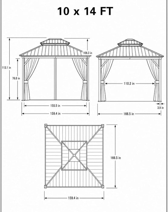 Hardtop Gazebo 10 Ft X14 Ft for All Weather, with Double Metal Roof, Aluminum Alloy Frame, Net, and Curtain, Permanent Building for Patio, Deck, Backyard, Lawn, and Garden