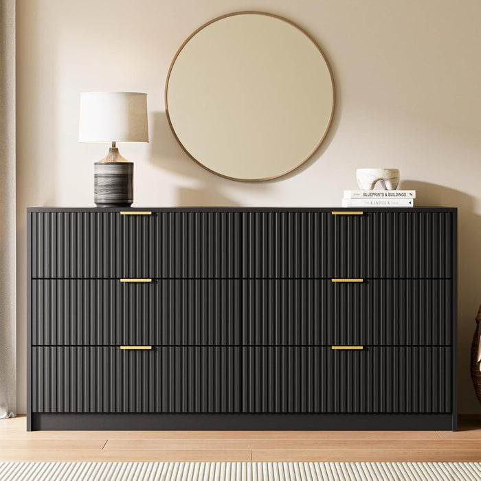 55" Wide Fluted 6-Drawer Double Dresser for Bedroom, Black