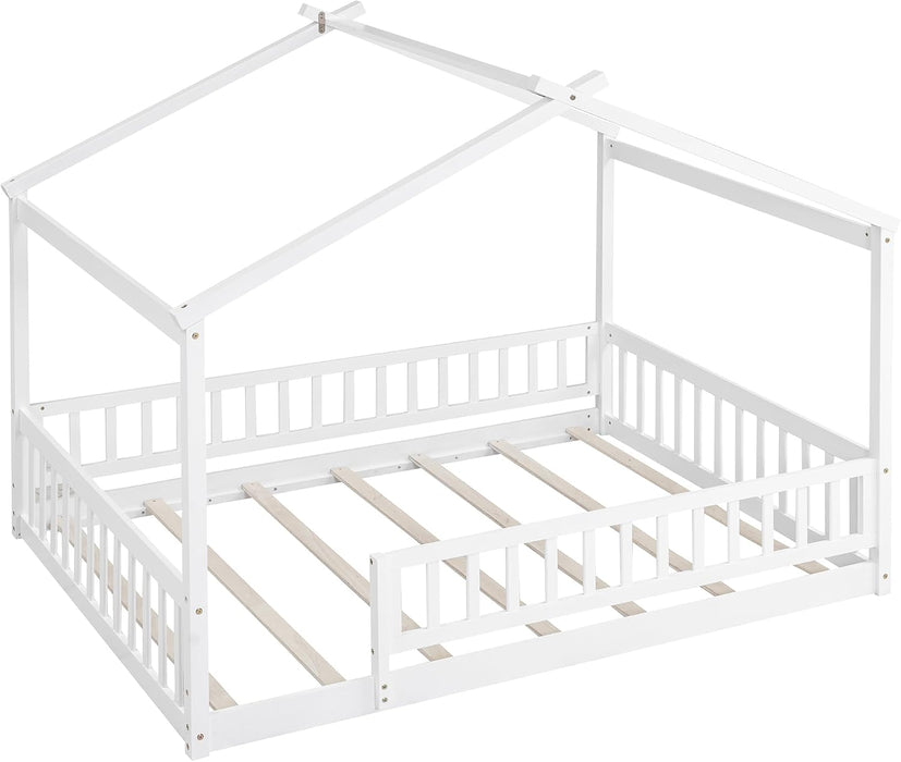 Full Size White Montessori Wooden House BedframeWithRails