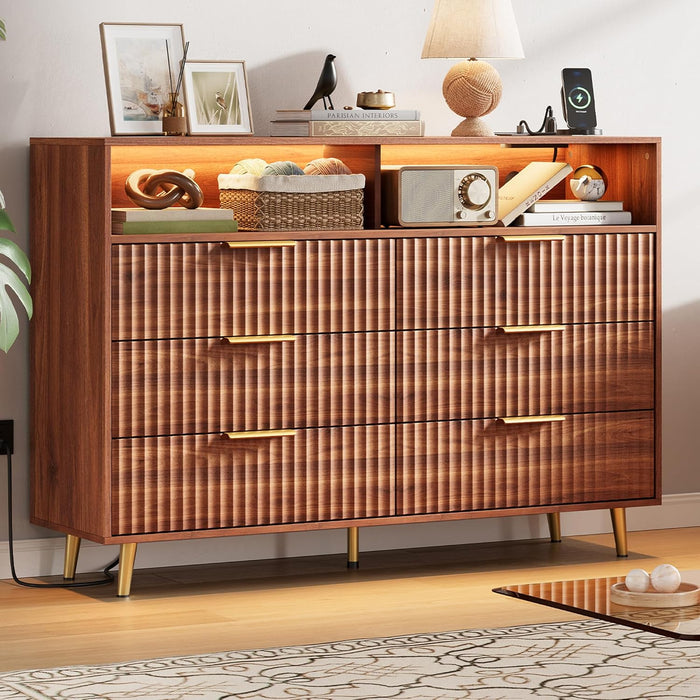 6 Drawers Dresser for Bedroom, 53.9" Wide Dressers with LED Lights and Charging Station, Curved Profile Design, Fluted Wood Drawers with Gold Handle, Modern Chest of Dressers for Living Room, Walnut
