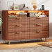 6 Drawers Dresser for Bedroom, 53.9" Wide Dressers with LED Lights and Charging Station, Curved Profile Design, Fluted Wood Drawers with Gold Handle, Modern Chest of Dressers for Living Room, Walnut