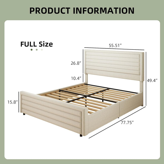 Full Size Bed Frame, Upholstered Platform Bed with Velvet Headboard and Footboard, Mattress Foundation with Wooden Slats, No Box Spring Required, Easy Assembly, Beige