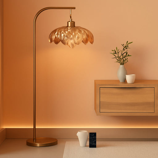 Arc Floor Lamp for Living Room Gold Floor Lamp with Remote Control,Dimmable Floor Lamps with Glass Lampshades,Mid Century Modern Standing Lamp Tall Vintage Flower Floor Lamps for Bedroom,Corner