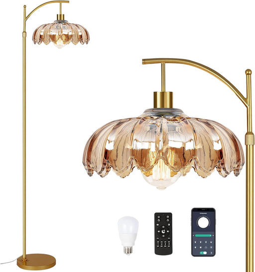 Arc Floor Lamp for Living Room Gold Floor Lamp with Remote Control,Dimmable Floor Lamps with Glass Lampshades,Mid Century Modern Standing Lamp Tall Vintage Flower Floor Lamps for Bedroom,Corner