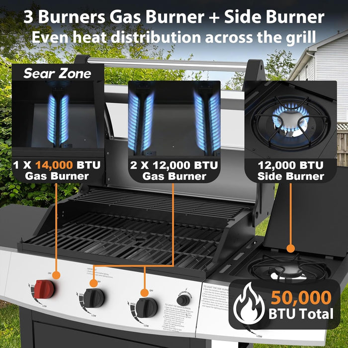 4 Burners Propane Gas Outdoor Grill 50000 BTU, 553 Sq.In, Side Burner, Porcelain-Enameled Grates, Stainless Steel Propane Grill Outdoor Cooking, Patio Garden Family Barbecues Party (4 Burners)