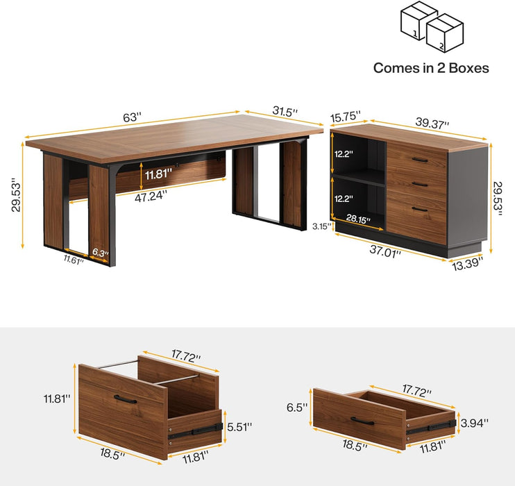 63Inch LShaped Executive Desk With Storage Shelves