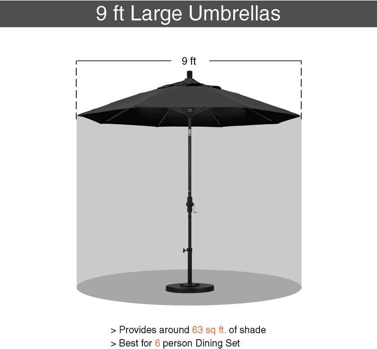 9' round Aluminum Market Umbrella, Crank Lift, Push Button Tilt, Black Pole, Black Olefin