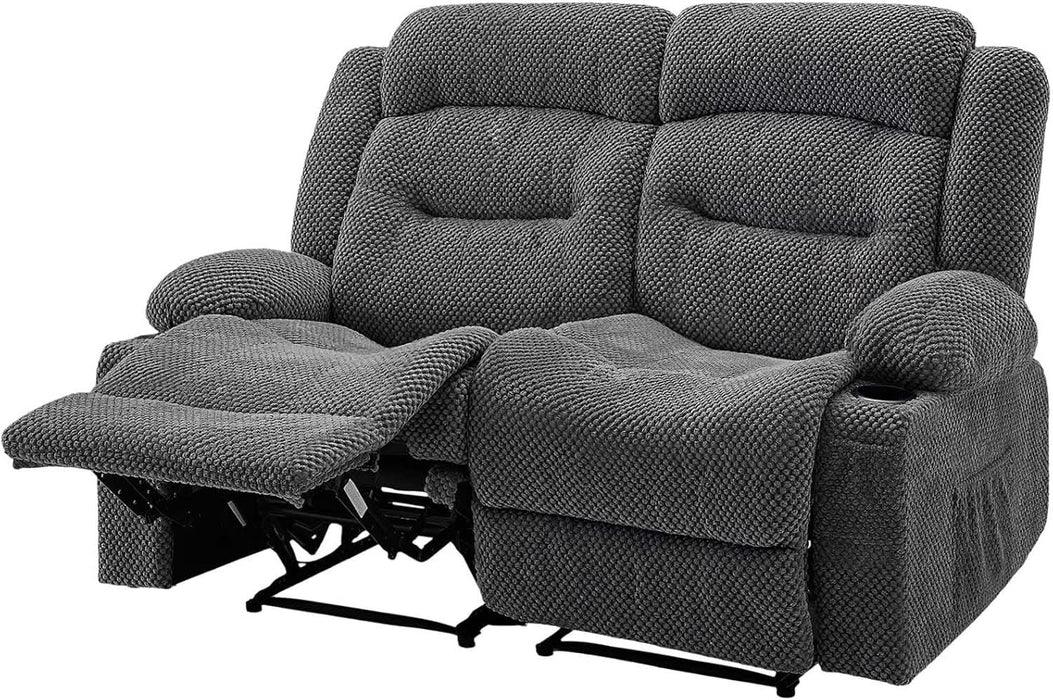Loveseat Recliner Sofa, Manual Reclining Couch with Heating and Massage, Soft Corduroy Recliner Sofa with USB Ports, Cup Holders and Side Storage Bags, Dual Loveseat Chair for Living Room, Grey