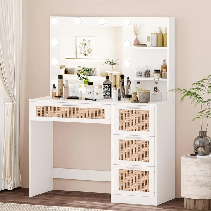 Makeup Vanity Table with Lighted Mirror, Makeup Vanity Desk with Storage Shelf and 4 Drawers, Bedroom Dressing Table