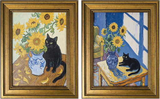Gold Framed Vintage Wall Art for Living Room, Black Cat with Sunflowers Canvas Painting Prints, Van Gogh Inspired Home Decor, Aesthetic Bedroom & Bathroom Wall Art, Gift Idea (8"X10"), Set of 2