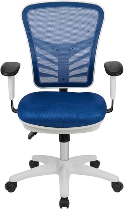 Nicholas Mid-Back Blue Mesh Multifunction Executive Swivel Ergonomic Office Chair with Adjustable Arms and White Frame