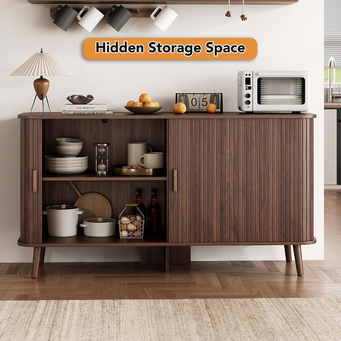 55" Fluted Sideboard Buffet Cabinet with Sliding Door, Mid-Century Modern Wood Sideboard, Adjustable Shelf, Coffee Bar Cabinet with Storage for Kitchen, Walnut