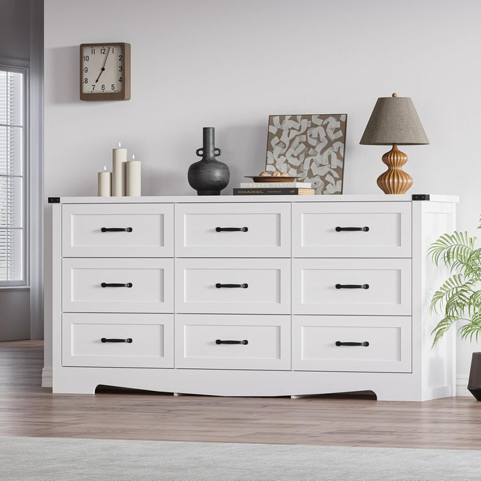 White Dresser for Bedroom, 59'' Wide Wooden Chest of Drawers with Natural Wood Texture, 9 Drawer Dresser for Closet with Metal Handles, Sleek Storage Solution for Living Room, Office, Hallway
