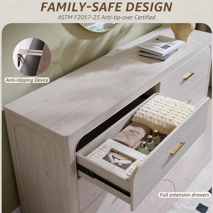 60" Wide Transitional 6-Drawer Dresser for Bedroom, Frosted Oak