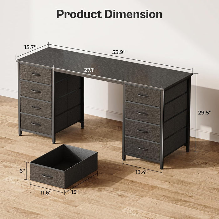 55 Inch Computer Desk with 8 Fabric Drawers, Office Desk Work Desk for Home Office, Study, Gaming Desk with Drawers, Large Storage, Black