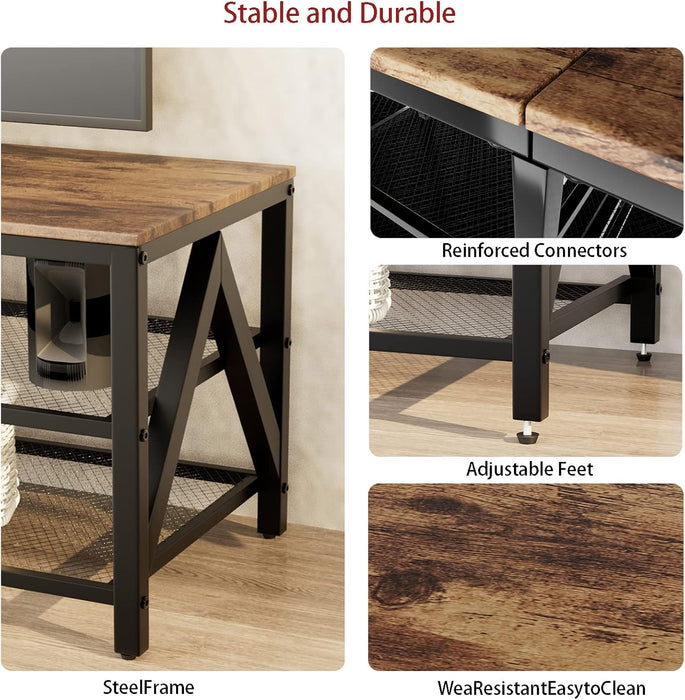 TV Stand for Tvs up to 65 Inch, 55" Long Industrial TV Console Table with 3-Tier Storage Shelves, Entertainment Center for Living Room, Bedroom (Brown)