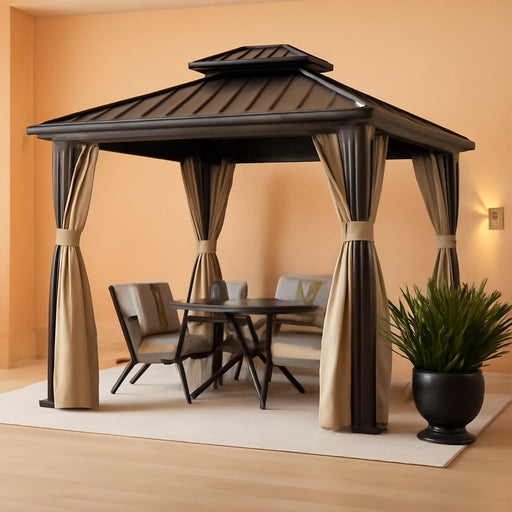 10’ X 14’ Outdoor Hardtop Gazebo Metal Frame Galvanized Steel Double Roof with Curtains and Nettings for Patio Desk Backyard Bronze