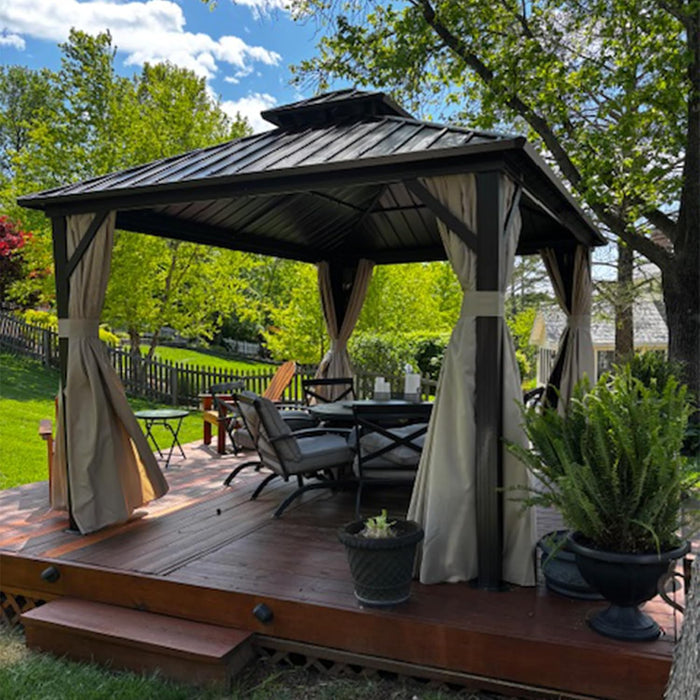 10’ X 14’ Outdoor Hardtop Gazebo Metal Frame Galvanized Steel Double Roof with Curtains and Nettings for Patio Desk Backyard Bronze