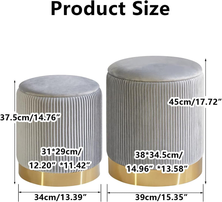 round Storage Ottoman Set of 2 Ottoman for Dorm Vanity Stool with Storage Velvet Footstools End Table Boucle Ottoman for Home Organization Gray UWBD016G