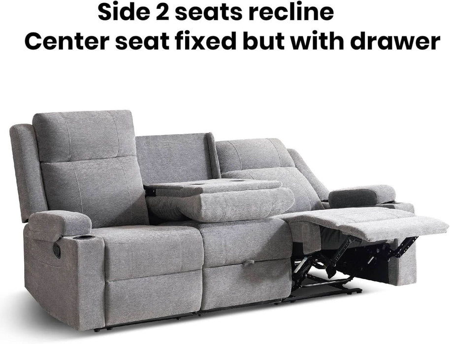 75'' Manual Reclining Sofa with Storage Drawer, 3 Seat Wall Hugger Recliner Couch with Cup Holders, Side Pockets, Chenille Fabric, Compact 3-Person Recliner for RV, Living Room, Apartment (Grey)