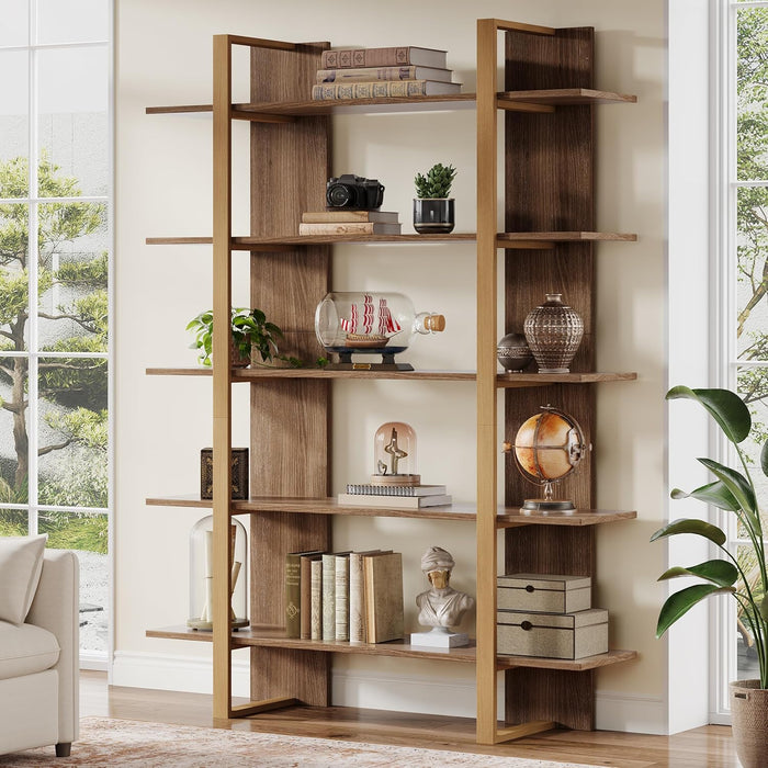 Five Tiered Bookshelf Metal Frame Beige Oakwoodfinish