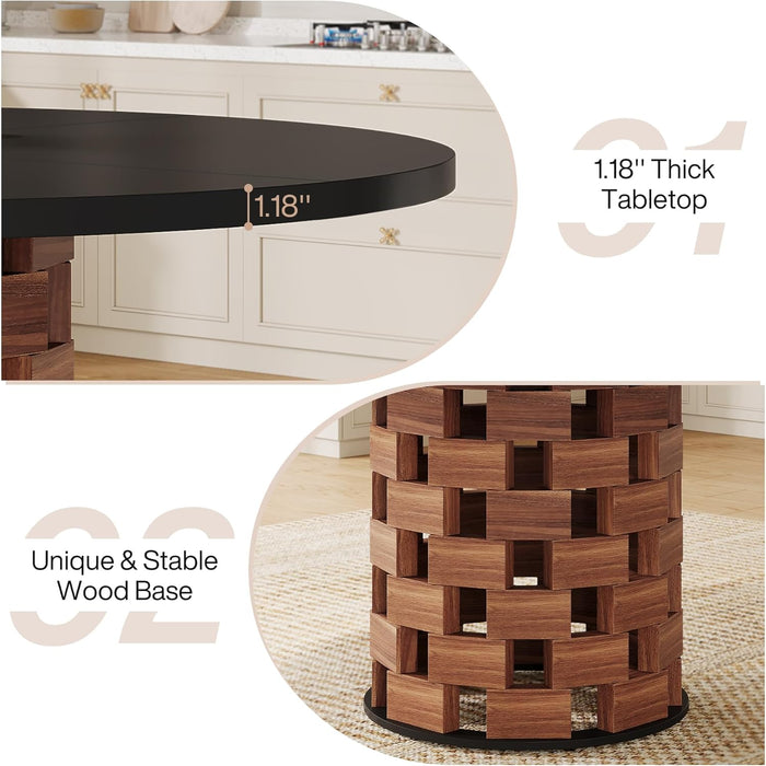 round Dining Table for 4-6 People, 47" Farmhouse Kitchen Table, Dining Room Table with Wood Rectangular Block Base, Circle Dinner Tables for Kitchen, Living Room, Black and Brown