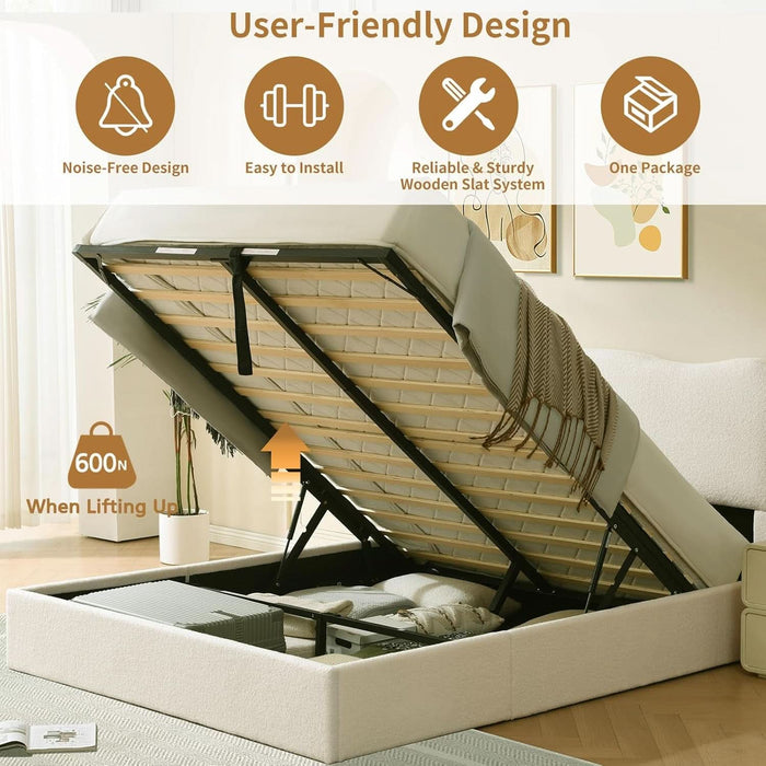 Queen Size Lift-Up Storage Bed, Upholstered Boucle Bed with Curved Headboard, Rounded Corners, Sturdy Wooden Slat Support, No Box Spring Needed, Easy Assembly, Cream White