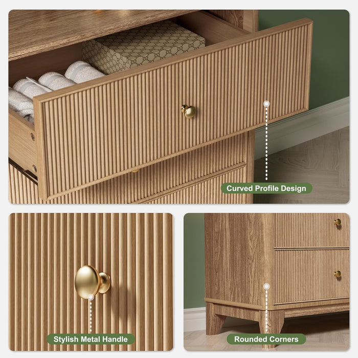 Fluted 6 Drawers Dresser, 54" Wide Modern Chest of Drawers with round Corners, Wooden Dresser TV Stand, Wood Drawer Organizer for Bedroom, Living Room, Hallway