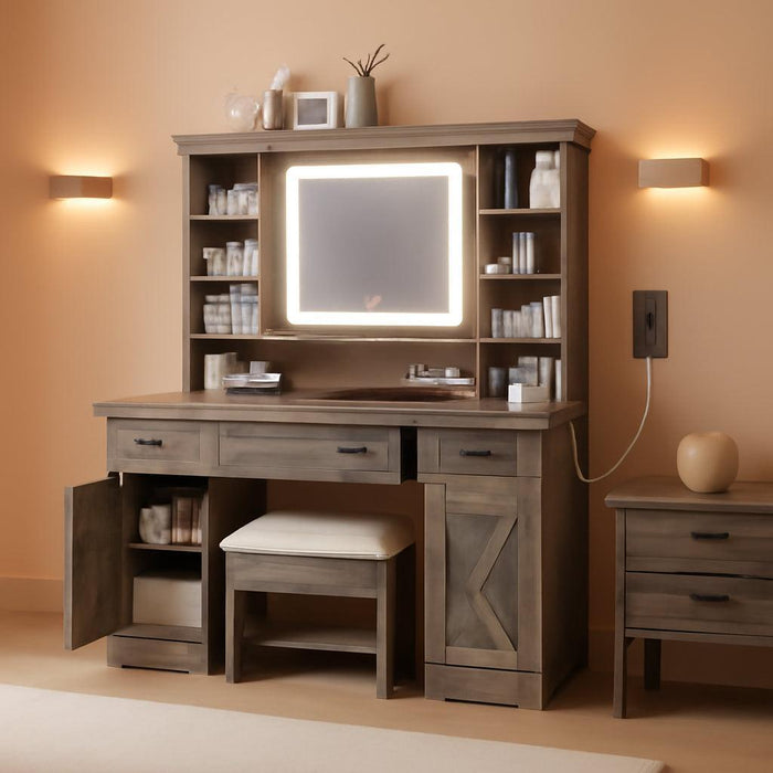 47.2" Farmhouse Vanity Desk with Mirror and Lights, Rustic Makeup Vanity Table with Charging Station, Vanity Set with Stool & Storage, LED Sliding Mirror & Glass Top, Dark Oak Finish