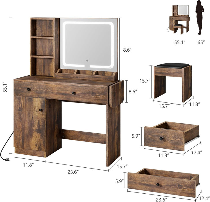 Makeup Vanity Desk with Mirror, Vanity Table with Power Outlet and Storage Chair, Modern Dressing Table with Drawers and Shelves for Bedroom, Brown