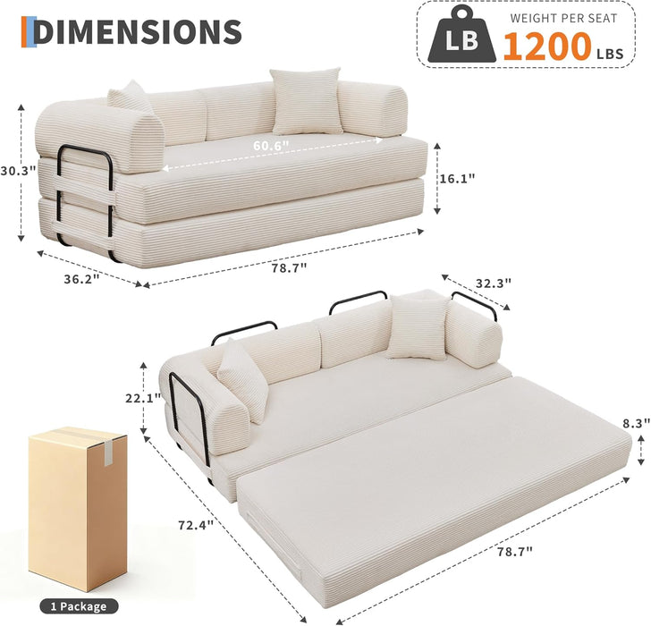 79 Inch ConvertibleSofaBed Beige Upholstery Comfort