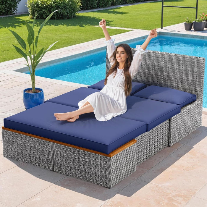 Patio Day Bed Outdoor Daybed Set Multifunctional Rattan Lounge Bed with 2 Side Tables for Backyard Porch Poolside Lawn Beach (Navy Blue)