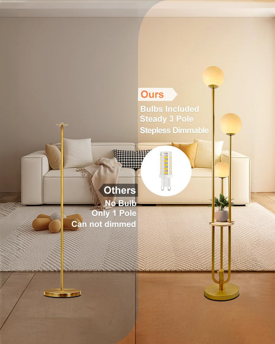 Gold Globe Floor Lamp 3-Lights Dimmable Floor Lamps with Tray 3000K Bulbs Included Unique Floor Lamp Candle Holder Style Modern Standing Lamps for Living Room/Bedroom