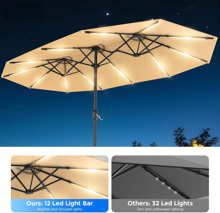 15FT Double Sided Patio Umbrella with 12 Solar LED Light Bars & Base Included, Extra Large Rectangle Outdoor Market Umbrella for 8-12 People Dining Table, Pool, Deck, Backyard (Beige)