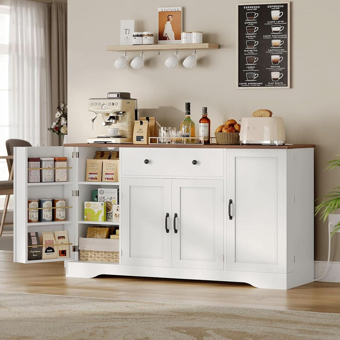 Buffet Cabinet with Storage & Charging Station, 53" Farmhouse Coffee Cabinet with Compartment Drawer, Sideboard Cabinets with Door and Adjustable Shelves for Kitchen, White