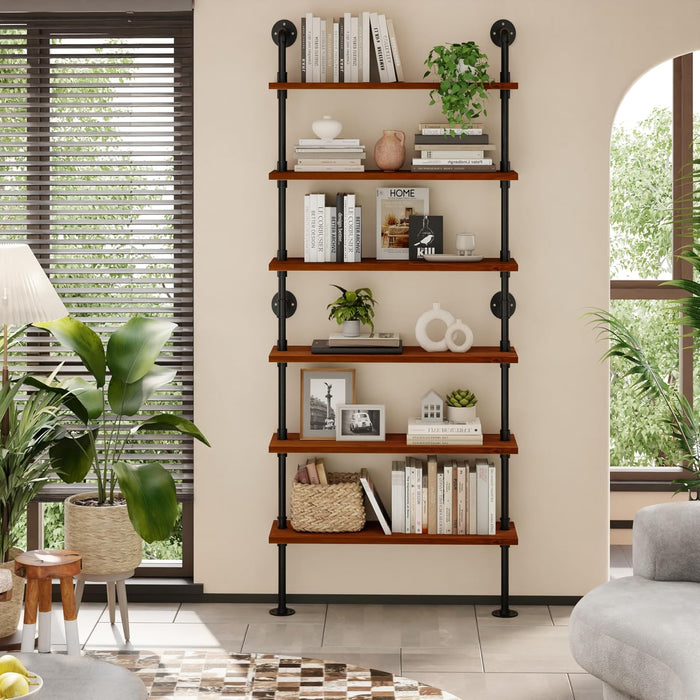 Industrial Pipe Bookshelf, Wall Mounted Shelf, 36 Inch, Walnut Brown | 6 Tier Open Bookcase, Solid Pine Wood, Black Iron Pipe Frame, 40 Lbs per Shelf, for Books, Kitchen, Office Decor