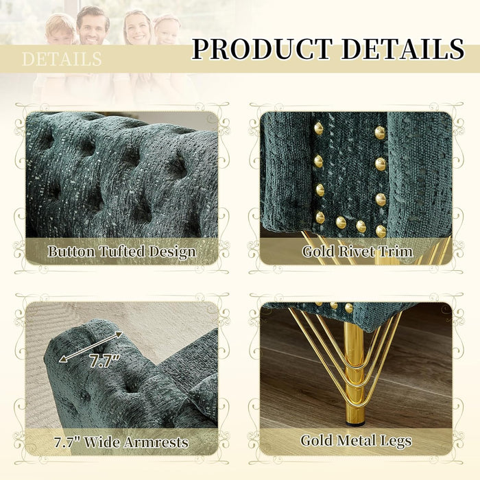 2 Pieces Chenille Living Room Furniture Sofa Couch Set,Button Tufted Comfy Couch with Nailhead Trim&Metal Legs,Mid Century Modern Couch and Loveseat Sets for Living Room(Loveseat+3 Seater Sofa,Green)