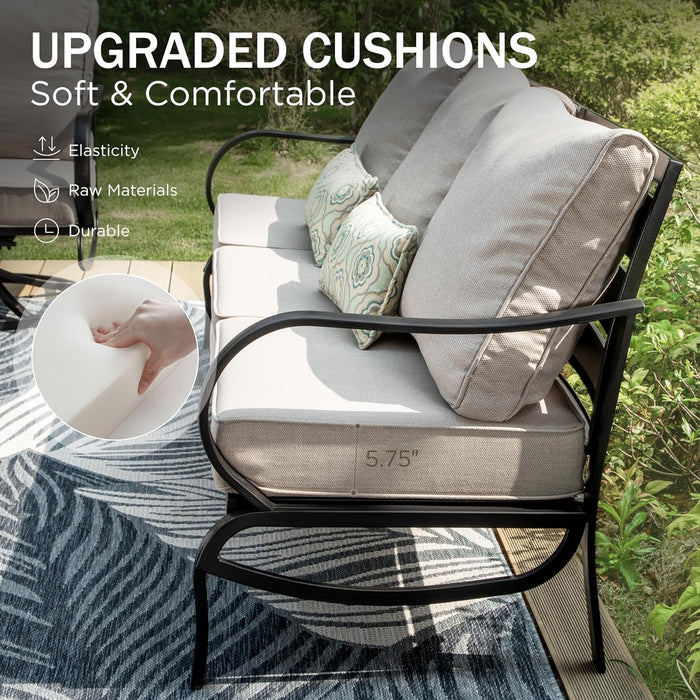 6 Piece Patio Furniture Sets with 1X 3-Seat Deep Seating Bench Sofa, 2 C-Base Sofa Chairs, 2 Metal Cushioned Ottoman and & 1 Coffee Table, Deluxe Outdoor Patio Set for 5-7 Person